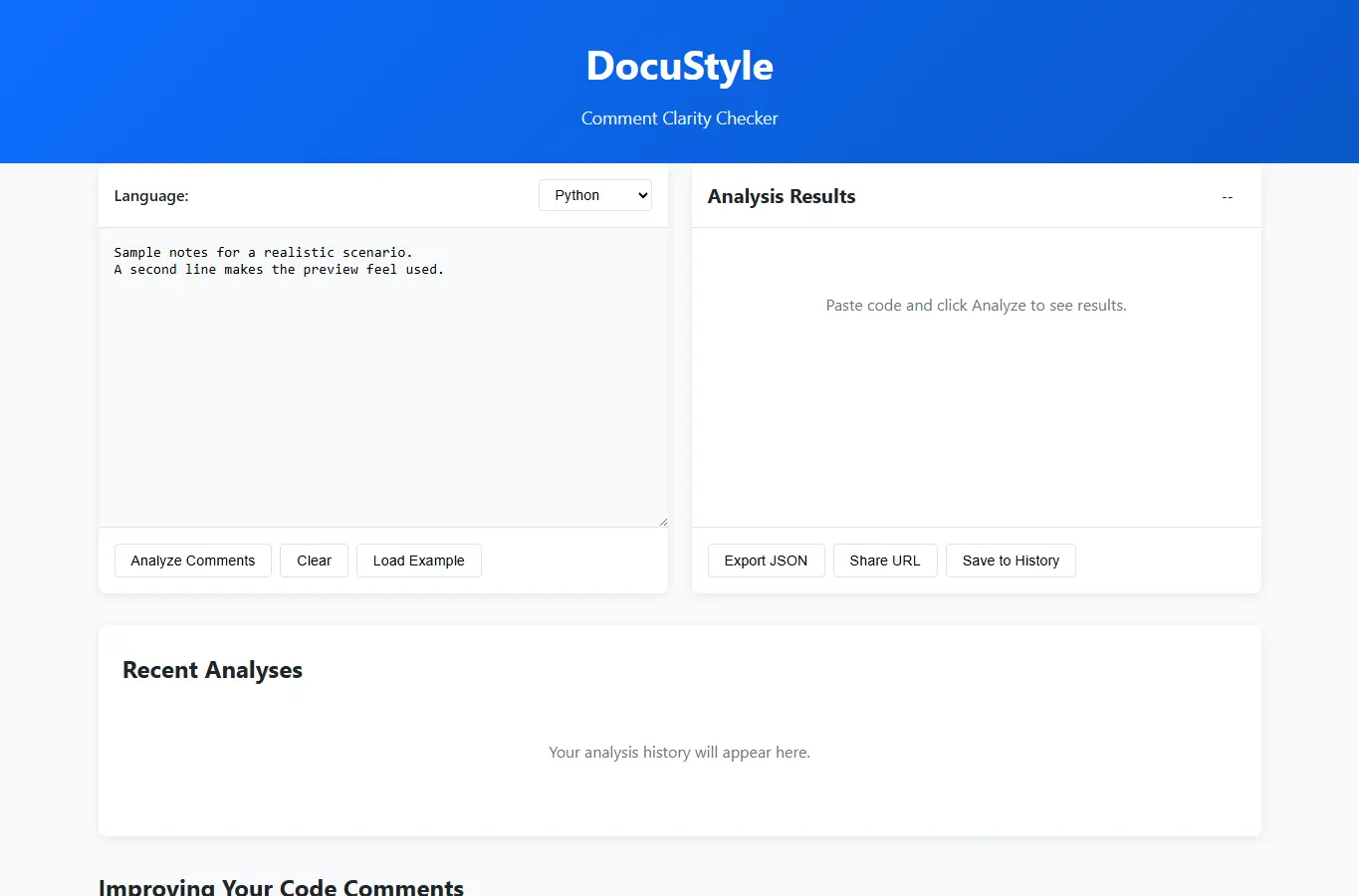 Screenshot of DocuStyle: Comment Clarity Checker interface showing the project page in use
